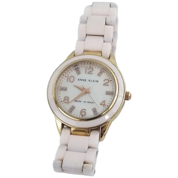 Anne Klein Women's Pink Enamel Gold Tone Watch Mother of Pearl Stainless Steel - Picture 9 of 10